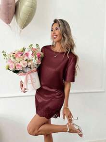 Crew Neck T-Shirt Top And Lace Patchwork A-Line Skirt Set, Silk Satin And Lace Patchwork Casual Loose Elegant Office Lady Style, Spring/Summer Women 2-Piece Set - Burdeos - Ver 2
