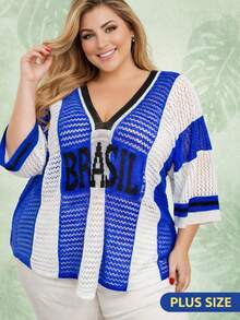 Women's Plus Size Knit Blouse (44 To 52) - Openwork Knit - Green And Yellow - Stylish World Cup Fashion - Blue and White - View 2