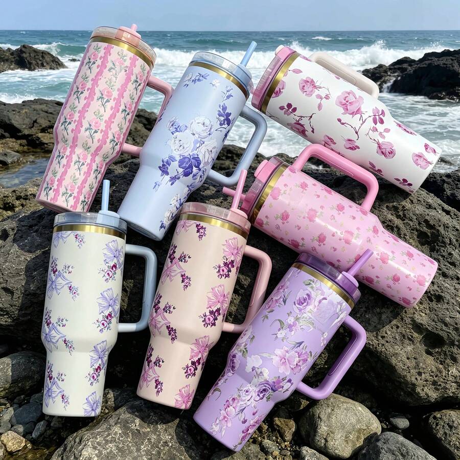 40oz Floral Print Insulated Tumbler With Handle & Straw, Stainless Steel Water Bottle - White - View 1