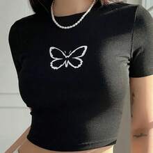 Top corto de retazos estéticos de verano para mujer, camiseta gótica de manga corta con estampado Grunge de Hada Punk Vintage, ropa roja Y2k - Negro - Ver 2