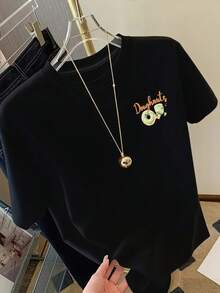 Short Sleeve T-Shirt With Front And Back Panels - Fashionable Matcha Donut Print - Women's Printed T-Shirt For Spring/Summer, Fashion Item. - Black - View 2