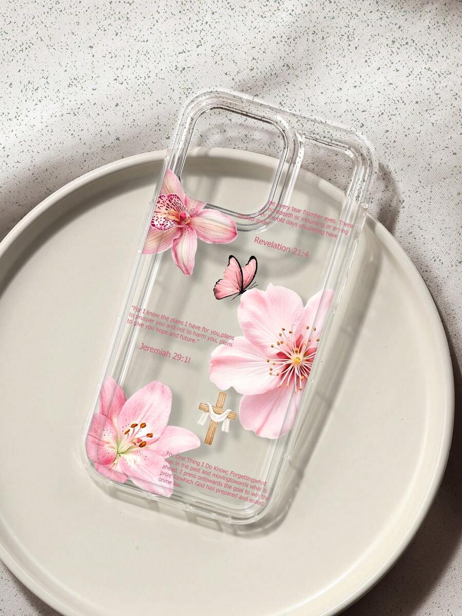 Ốp lưng điện thoại in họa tiết hoa và bướm, tương thích với iPhone & Galaxy, có hình thánh giá và câu Kinh Thánh. - Nhiều màu - Xem 1