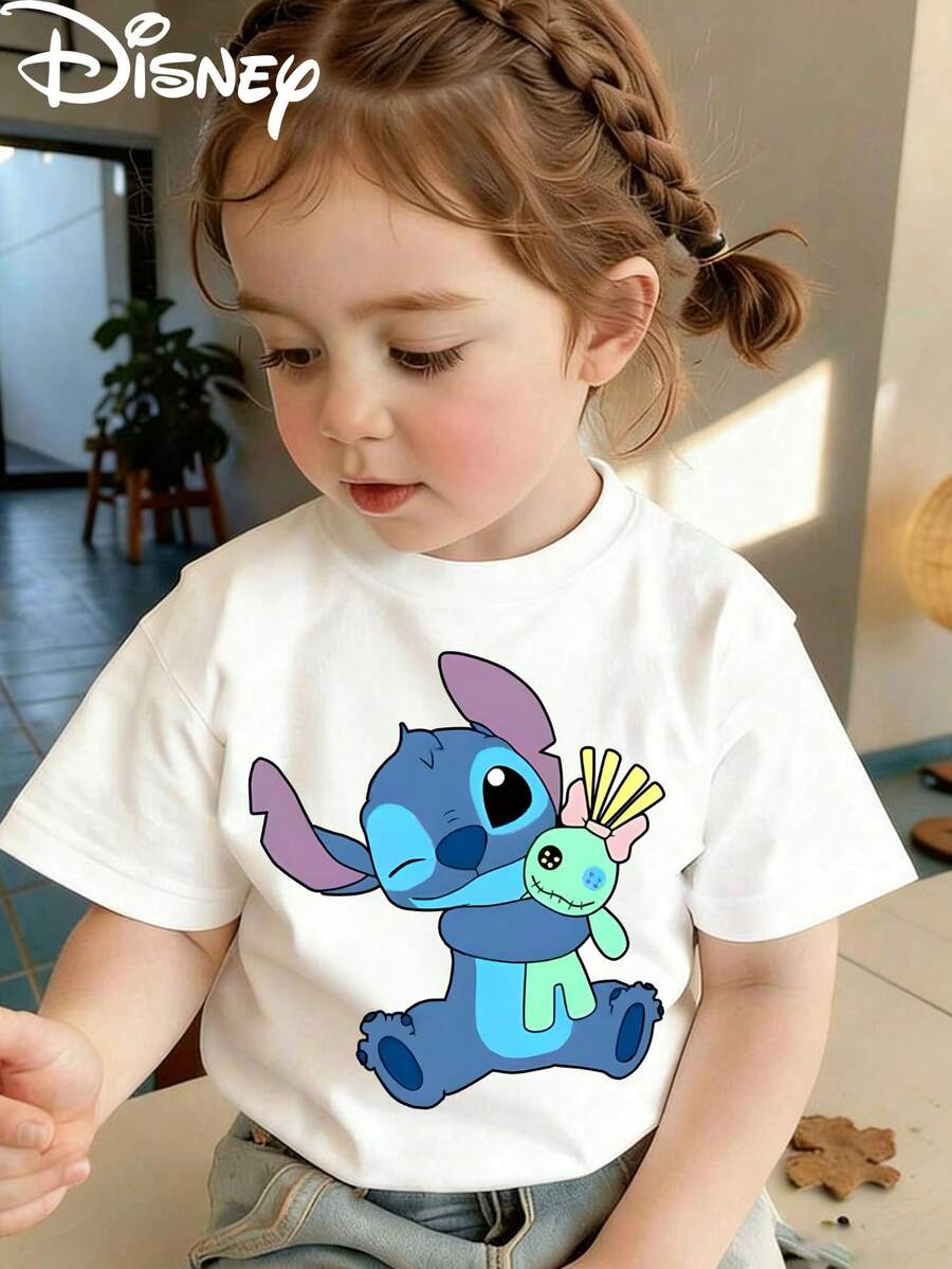 Disney Licensed Lilo & Stitch Stitch Hugging Scrump Doll Cute Print Kids' T-Shirt, Short-Sleeved Casual Top, Eye-Catching Printed Tee, Machine Washable, Great For Daily Wear, Playdates, Weekend Trips, Casual Hangouts And Birthday Gifts, Shipped From Local Warehouse - trắng - Xem 1