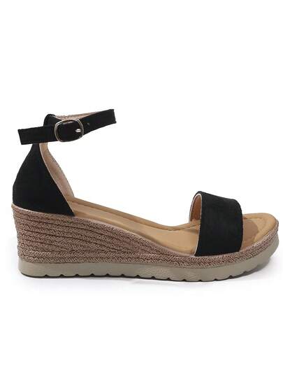 Women's Fashion Wedge Sandals, Open Toe Design With Ankle Strap, Woven Thick Sole, Lightweight And Versatile For Summer Travel, Black
