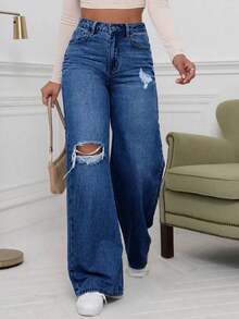 Women's Classic Washed Distressed Jeans, Versatile And Fashionable, Suitable For Daily Commute Or Vacation Wear Casual - Dark Wash - View 1