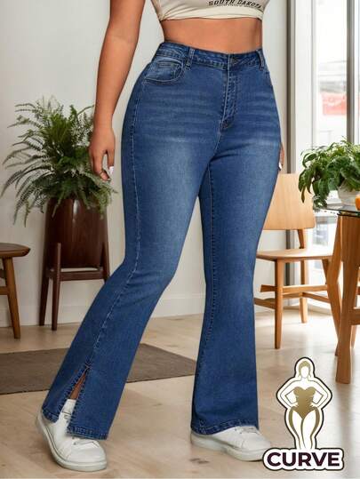 Jeans acampanados para mujer en talla grande, con lavado a la piedra y abertura lateral, estilo urbano cómodo,​ Pantalones Vaqueros ajustados elásticos con curvy, Jeans