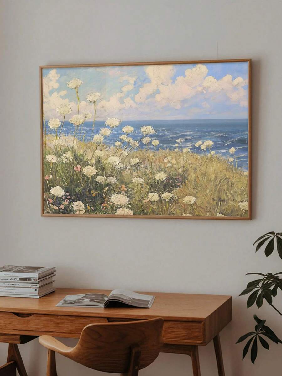 1幅帆布墙画,带框墙饰,复古海岸风格白色野花和悬崖草甸油画,海景和海滨风景墙画,以柔和的蓝天和野花为特色 - 海岸野花 - 查看 1