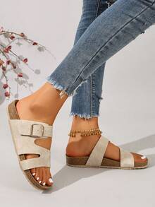 Ximi Ruo Light Grey Suede Double Buckle Thick Sole Slide Sandals For Women, Retro Open Toe Soft Bottom Slip-On Casual Shoes, French Chic Versatile Breathable Lightweight Comfortable For Beach, Home, Commute, Travel - Beige - View 2