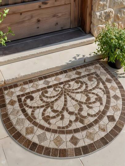 1 pieza Felpudo de entrada de medio círculo con estampado floral vintage en marrón, felpudo de bienvenida, estilo americano, fácil de limpiar, alfombra de imitación de piedra para entrada del hogar, pasillo, decoración del hogar - Felpudo antideslizante de poliéster, resistente a las manchas, fácil de limpiar, duradero y lavable a máquina - Adecuado para felpudos de interior/exterior, estilo rústico y de granja, cocina, comedor, dormitorio, baño, pasillos, etc. - Decoración navideña, uso en todas las estaciones