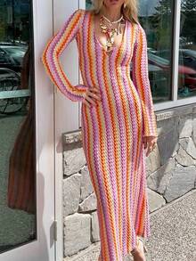 Bohemian Vacation Style Sexy Woven Colorful Striped Design, Casual And Fashionable Slim Fit V-Neck Long Sleeved Color Woven Dress For Women - Đỏ - Xem 1