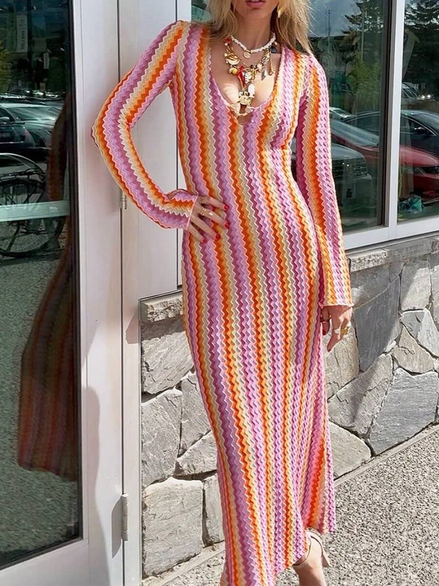 Bohemian Vacation Style Sexy Woven Colorful Striped Design, Casual And Fashionable Slim Fit V-Neck Long Sleeved Color Woven Dress For Women - Đỏ - Xem 1