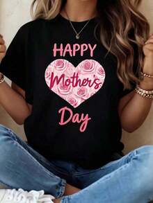 1 T-Shirt With A Heart And Pink Rose Design For Mother's Day, Casual Style, Perfect As A Mother's Day Gift. 1.Jpeg180g 100% Soft Cotton. - 黑色 - 查看 12