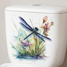 1pc Floral Dragonfly Bathroom Wall Sticker - Waterproof Self-Adhesive Window Sticker Removable Decal For Surfaces, Elegant Cartoon-Style Toilet Decor With Vibrant Colors, For Windows, Doors, Living Room, Bedroom - A - View 6