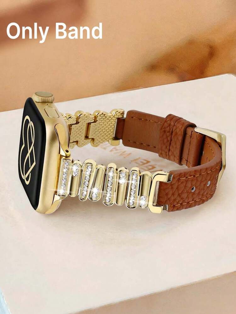 Dây đeo 38mm 40mm 41mm 42mm 44mm 45mm 49mm, Dây da màu nâu đính kim cương trang sức, tương thích với Apple Watch Ultra 2, Series 1 2 3 4 5 6 7 8 9 SE, Thích hợp làm quà tặng Ngày của Mẹ, Quà tặng tựu trường, Quà tặng Ngày Nhà giáo. - Vàng + Da nâu - Xem 1