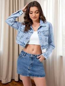 Women's Casual Denim Mini Skirt, Straight Cut, Button Closure, Medium Stretch Fabric Summer - Royal Blue - View 2
