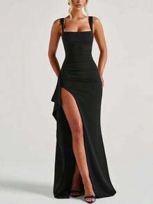 Vestido ajustado elegante y sexy con abertura, adecuado para fiestas de primavera/verano, galas, vacaciones y bodas - Negro - Ver 5
