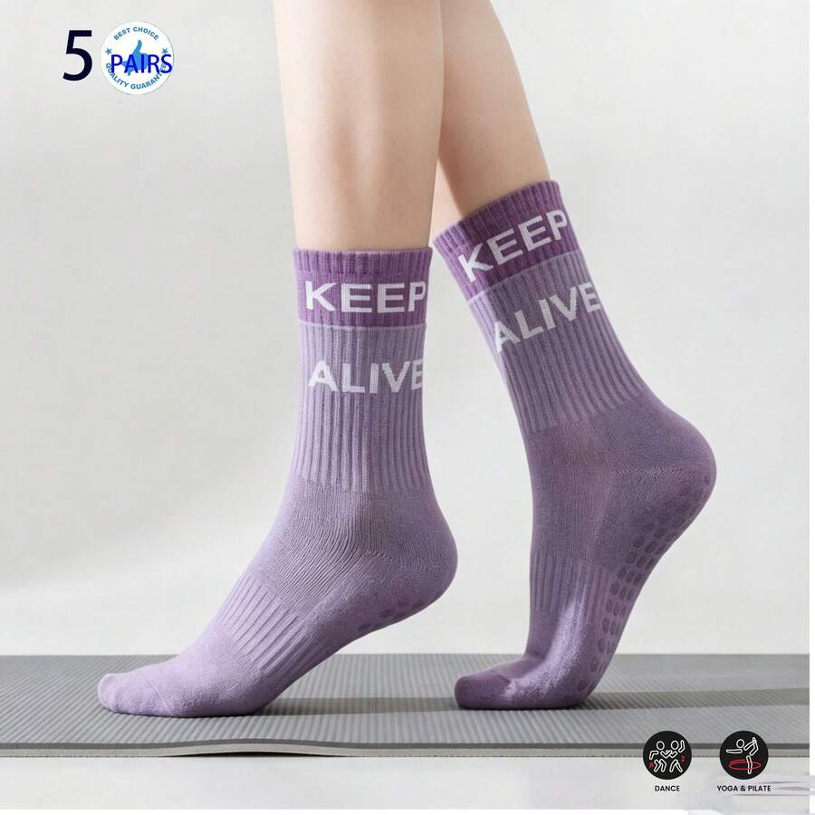 5 Pairs Non-Slip Yoga & Pilates Socks For Women, With Anti-Slip Pads - Purple - View 1