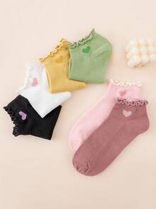 6 Pairs Solid Color Heart Cute Sweet Japanese Style Ruffle Hem Minimalist Fashion Women Short Socks - Multicolor - View 4
