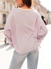 New Stylish & Elegant Striped Ribbed Top, Suitable For Everyday Wear, Brunch, Airport Outfit, All Seasons - Powder Blue - View 4