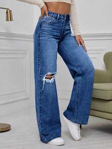 Women's Classic Washed Distressed Jeans, Versatile And Fashionable, Suitable For Daily Commute Or Vacation Wear Casual - Dark Wash - View 4