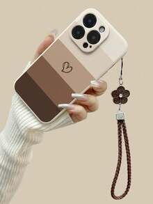 Heart-Shaped Painted Straight Edge Beige Shockproof Printed Phone Case With Wrist Strap, Thick Protective Cover Compatible With IPhone 17, 17 Pro, 17 Pro Max, 16, 15, 14, 13, 12 - Multicolor - View 3
