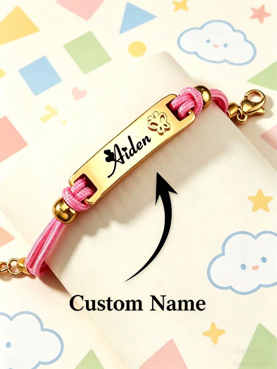 Personalized Colorful Rope Bracelet With Engraved Text, Customized Hollow Moon & Heart Stainless Steel Bracelet, Blue & Pink Braided Rope Bracelet, Birthday Gift, Back To School Gift, Halloween Decor, Halloween Gift, Easter Gift - Heart-shaped - View 1
