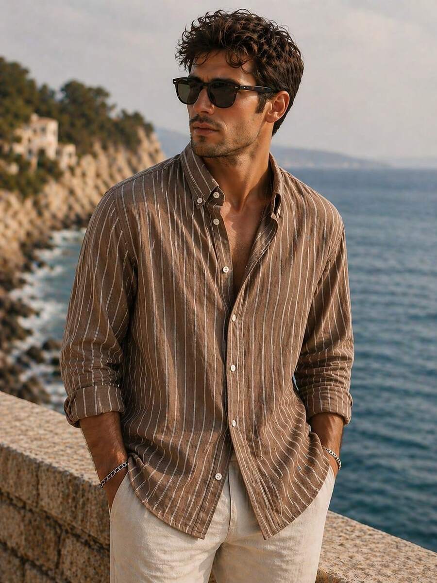 Men's Summer Shirt With A Lightweight, Finely Striped, Flowing Design That Requires No Ironing. - Brown - View 1
