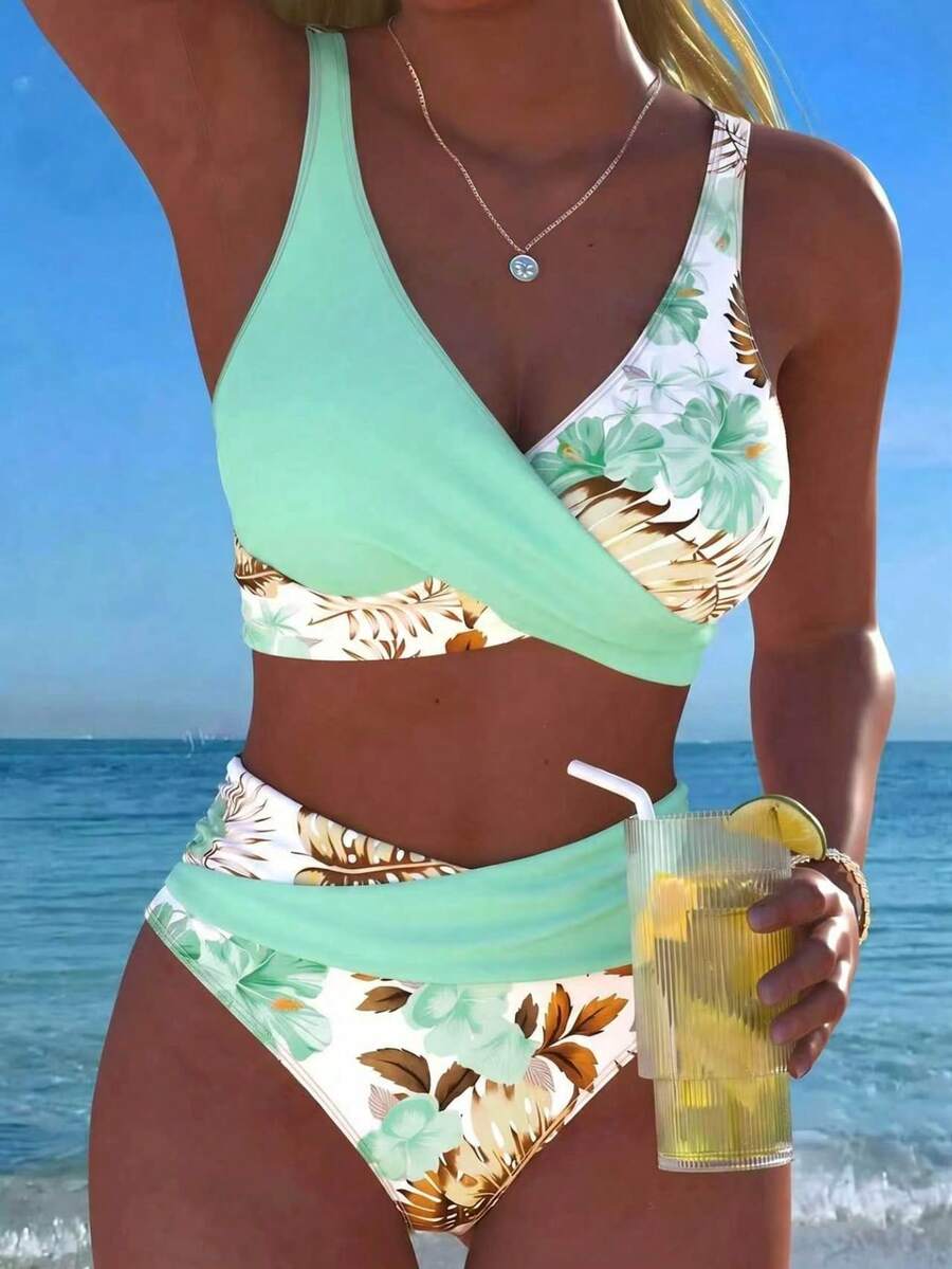 New Sexy Elegant Floral Print Solid Color Fabric Swimwear, Criss-Cross Contrast Shoulder Strap Design, Tankini Swimwear Summer Vacation Beach, Resort Wear - Cadet Blue - View 1