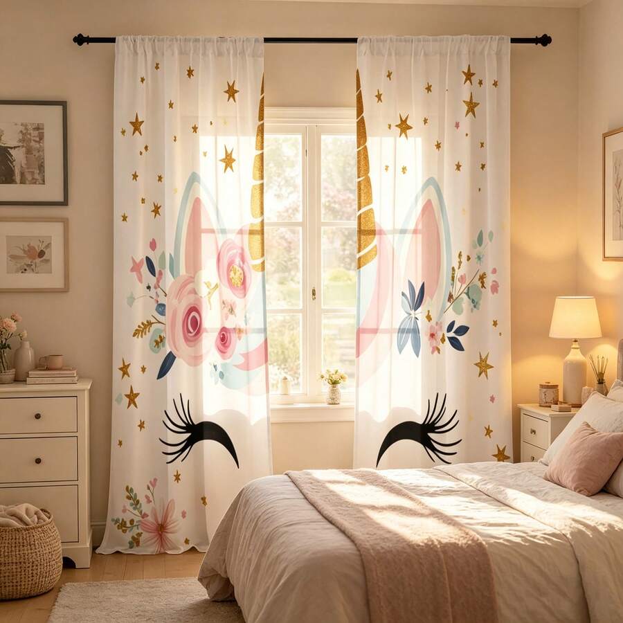 2pcs High-Definition Digital Dreamy Cartoon Unicorn And Eyelash Print Decorative Curtains, Polyester Material, Easy To Install, Rod Pocket Hanging, Semi-Transparent Privacy Protection, Machine Washable And Hand Washable, Suitable For Bedroom, Office, Kitchen, Living Room, Study, Home Decor. - Multicolor - View 1