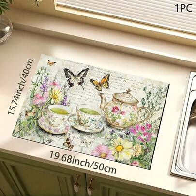 1pc Floral Print Absorbent Mat/Drying Mat For Coffee Maker, Dishes - Polyester Absorbent Desktop Protective Mat With Rubber Anti-Slip Pad, For Kitchen Counter Decor, Home Bar And Dining Table