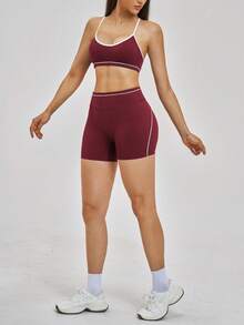 NcmRyu 1 set de sutien sport cu bretele spaghete și pantaloni scurți strâmți cu talie înaltă pentru femei, în culori contrastante - Burgundia - Vizualizare 9