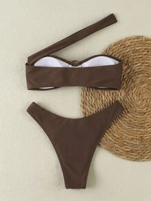 New Women's Brown Bikini With Metal Decor, Halter Split Bikini Set Set For Beach Vacation - Coffee Brown - View 3