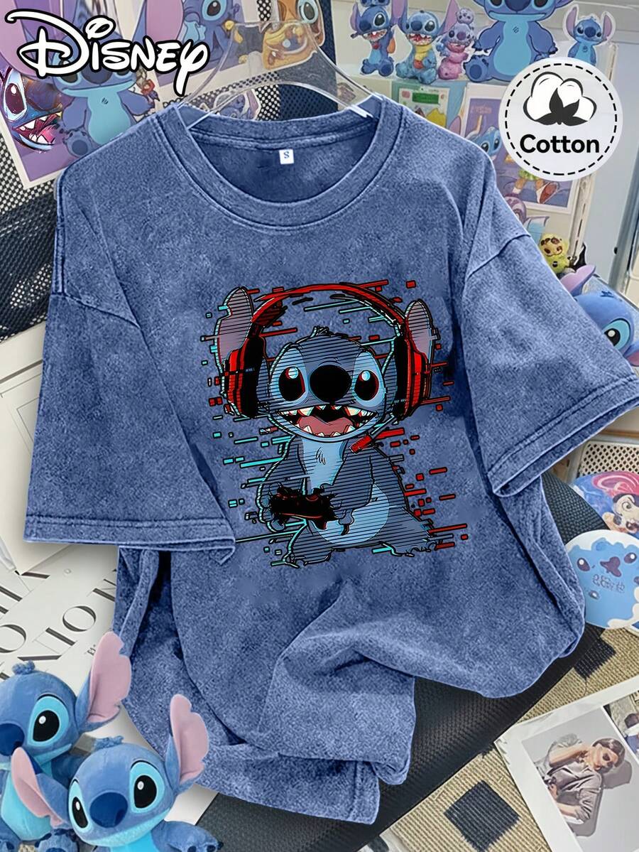 Disney Stitch Gamer Vibe With Red Headphones & Game Controller Glitch Art Print Vintage Washed Cotton T-Shirt - Màu xanh lam - Xem 1