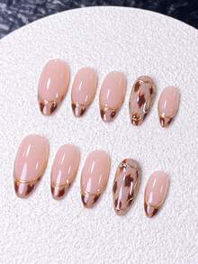 10pcs Handmade Wearable Nails, Short Almond-Shaped Fake Nails, Nude Tortoiseshell French Manicure, Retro Luxurious Nails, Hand-Painted Tortoiseshell Pattern French Tips With Metal Outline Decor, Translucent Jelly Effect, Versatile For Any Occasion, Includes Manicure Tools, Easy To Apply And Remove, Suitable For Women And Girls - Rust Brown - View 4