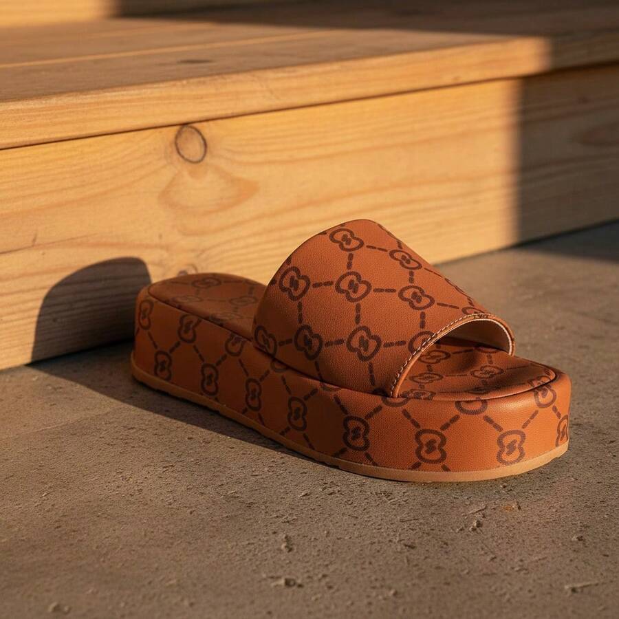 Sandália Feminina Flatform Slide Estampa Monograma Luxo Confortável