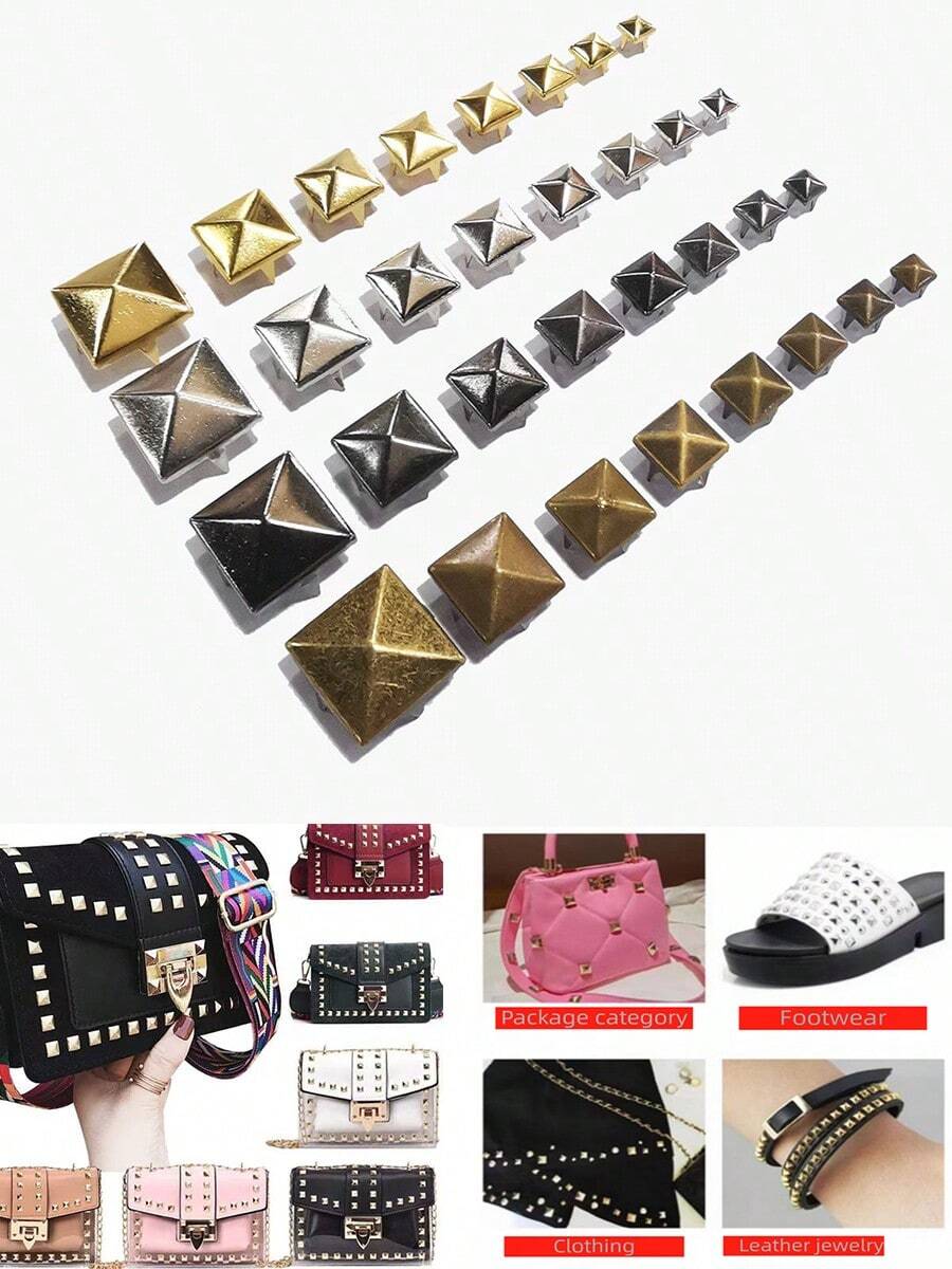 100/320/430 chiếc đinh tán kim loại hình chóp vuông 10mm màu bạc, kiểu dáng punk rock, 4 chấu, thích hợp để tự làm đồ da, túi xách, quần áo, giày dép.