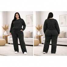 Lanzinha Ribi Plus Size Winter Set - Long-Sleeved Blouse And Wide-Leg Pants - Super Comfortable - Black - View 2
