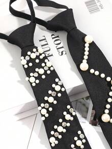 1 Stück Perlen- & Strass-Dekor Clip-On Krawatte, femininer akademischer Stil, vielseitiges Accessoire für Blusen, leicht & luxuriös, Abschlussoutfit, Festival - Perlenkrawatte - Übersicht 2
