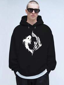 Men's Fashionable Hooded Sweatshirt - Black And White Carp Print, Autumn/Winter Velvet Pullover, Casual Long Sleeve Top - Black - View 3