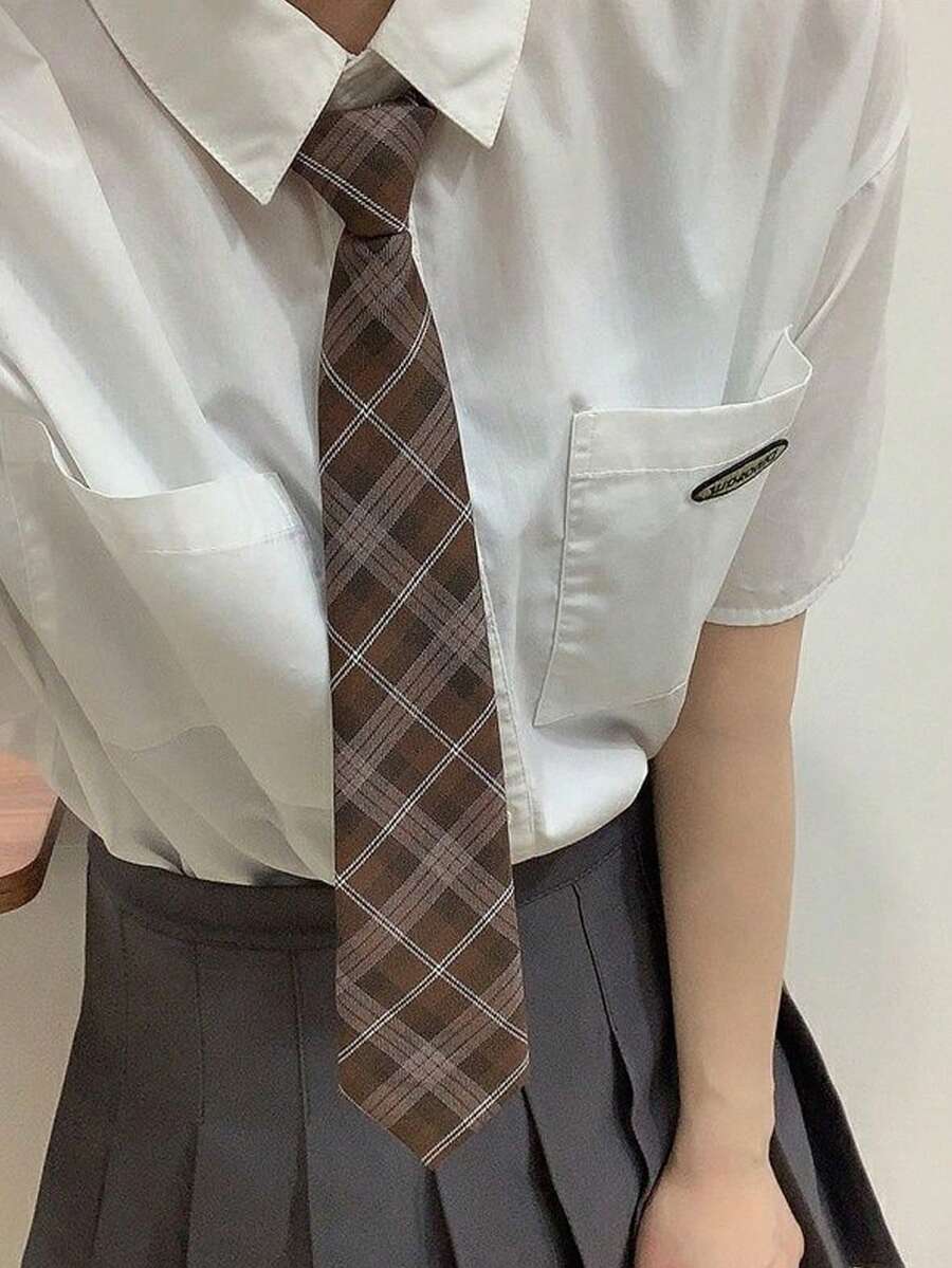 1条女士领带式JK格子夹式领带,学生制服宽松领带,短款装饰领带,学院风,百搭夏季衬衫配饰、毕业装、迪斯科舞会装扮。 - 卡其色 - 查看 1