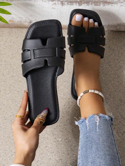 Elegant Women's Solid Color Slide Sandals, Flat Open-Toe Slip-On Slippers, Casual Summer Slides For Indoor & Outdoor Wear