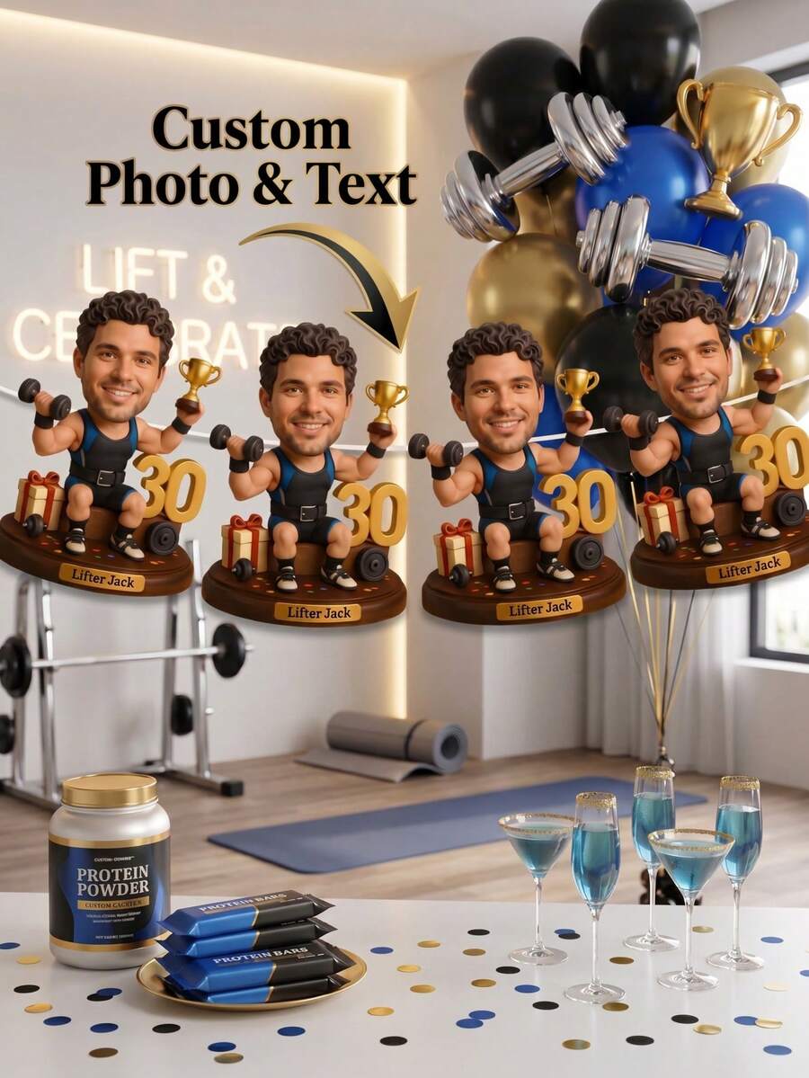 7pcs/14pcs/21pcs Personalized 2D Photo Bobblehead Birthday Banner, 25cm/9.84in, Custom Face & Text, Gym/Sports Theme Cake Topper & Party Decor. Perfect For 30th/40th Celebrations. Ideal For Fitness Fans & Friends. Great For Home Parties & Banquets. - Multicolor - View 1