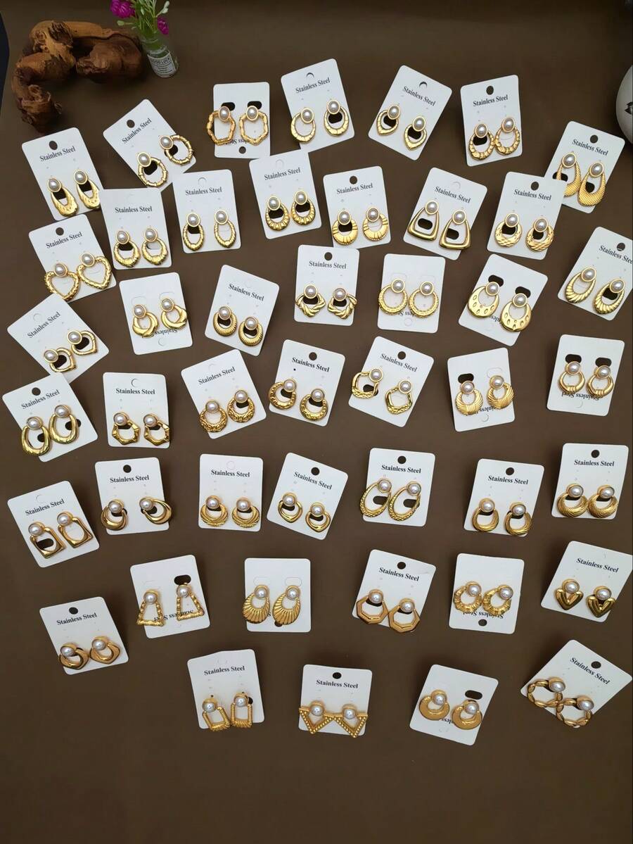 24pcs/12 Pairs Fashion Personalized Random Style Card Pearl Earrings Set, Stainless Steel Earring Studs, Gift For Classmates And Friends (Random Delivery) - Pearl Style - View 1