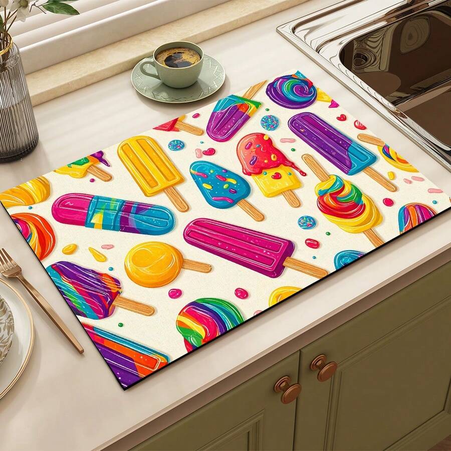1 pieza Alfombrilla absorbente/secado con estampado de paleta de hielo colorida para cafetera, platos - Alfombrilla protectora absorbente de poliéster para escritorio con almohadilla antideslizante de goma, para decoración de la encimera de la cocina, bar en casa y mesa de comedor - Multicolor - Ver 1