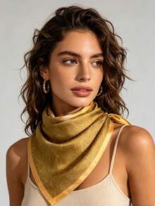 1pc Gold Tone Minimalist Floral Line Print 65x65cm Satin Scarf, Lightweight All-Season Multi-Use Neck Shawl For Daily Outing Party Travel, Beach Towel - Multicolor - View 1