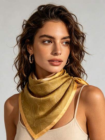 1 pieza Pañuelo de satén con estampado de línea floral minimalista en tono dorado de 65x65cm, chal ligero de uso múltiple para todo el año para salidas diarias, fiestas, viajes, toalla de playa