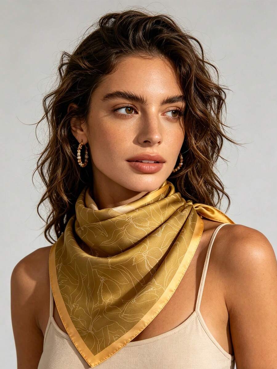1pc Gold Tone Minimalist Floral Line Print 65x65cm Satin Scarf, Lightweight All-Season Multi-Use Neck Shawl For Daily Outing Party Travel, Beach Towel - Multicolor - View 1