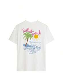 SALTY SOUL Women's Short Sleeve Crew Neck T-Shirt With Coconut And Sun Print, New Spring/Summer Collection, Versatile And Fashionable, Essential For Everyday Wear And Holidays. Women's Holiday Print T-Shirt - 白色 2 - 查看 3