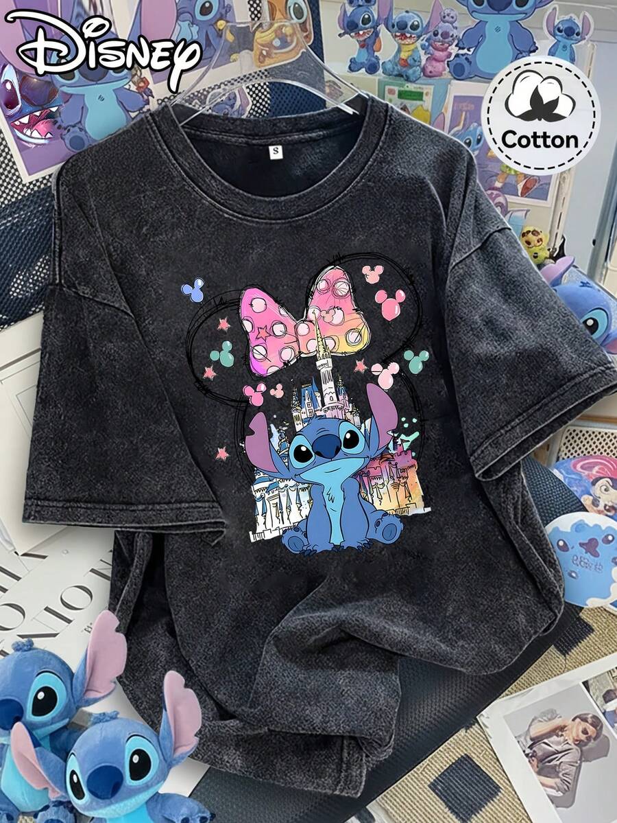 Disney Stitch Magical Castle & Minnie Polka Dot Bow Print With Mickey Head Silhouette & Stars Vintage Washed Cotton T-Shirt - 黑色 - 查看 1