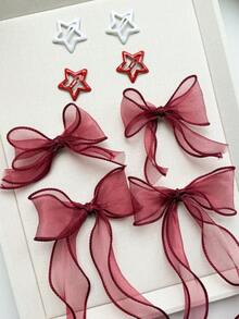 8pcs Women's Hair Accessories Set - Star Clips, Bow Knot, Tulle Bow, Ribbon Streamers, Pigtail Clips, Suitable For Daily Cute & Sweet Bowknot Hair Clips,Travel,Birthday - Burgundy - View 3